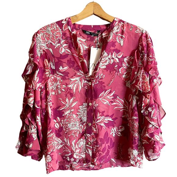 ZARA Printed Top Ruffles Floral Pink 3/4 Sleeves Button Down Chiffon Medium NWT - Picture 12 of 14